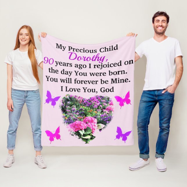 PINK UND LILA BLUMENKUSTOM 90. GEBURTSTAG FLEECEDECKE (Beispiel)