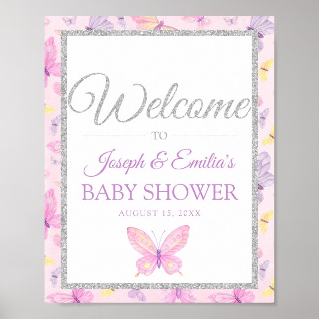 Pink und Lila Butterfly Baby Dusche Willkommenspfo Poster (Vorne)