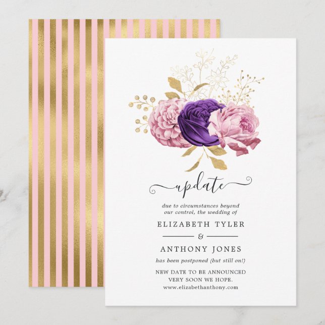 Pink und Lila florale Hochzeitsupdate verschoben Einladung (Vorne/Hinten)