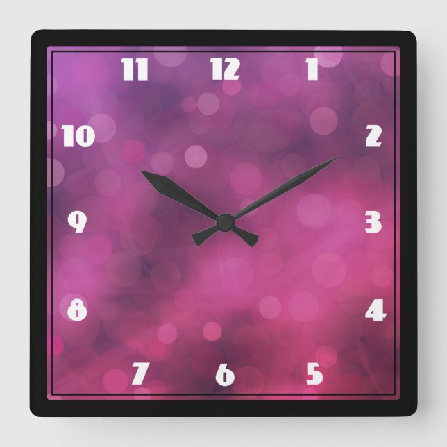 Pink und Lila funkelnde Lichter Bokeh Muster Quadratische Wanduhr (Vorderseite)