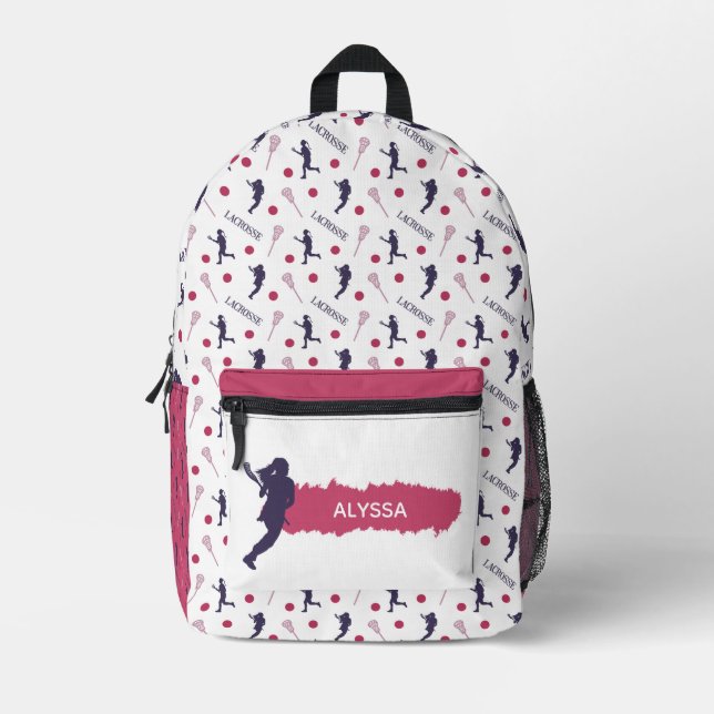Pink und Lila Lacrosse Player-Muster Bedruckter Rucksack (Vorderseite)