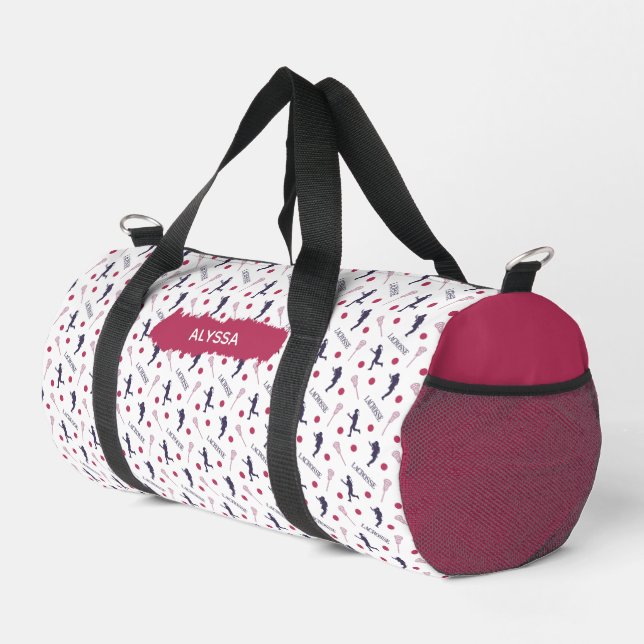 Pink und Lila Lacrosse Player-Muster Duffle Bag (Rechte Ecke)