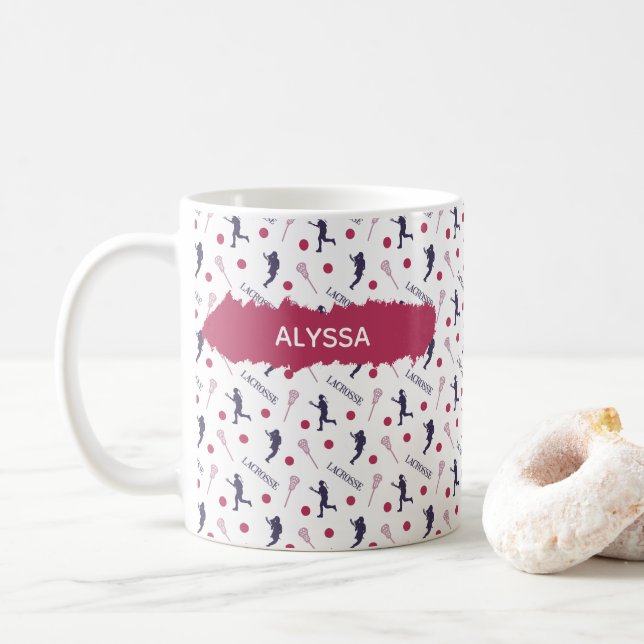Pink und Lila Lacrosse Player-Muster Kaffeetasse (Mit Donut)