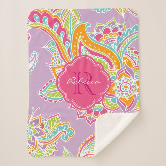 Pink und Lilac Boho Paisley Mit Monogramm Sherpadecke (Vorderseite)