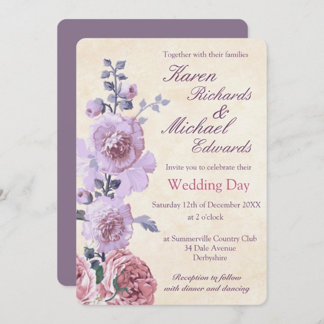 Pink und Lilac Wasserfarbe Blumenzehen Einladung (Vorne/Hinten)