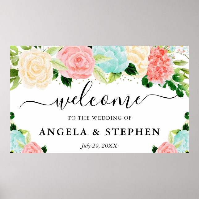 Pink und Mint Boho Blume Begrüßung Poster (Vorne)