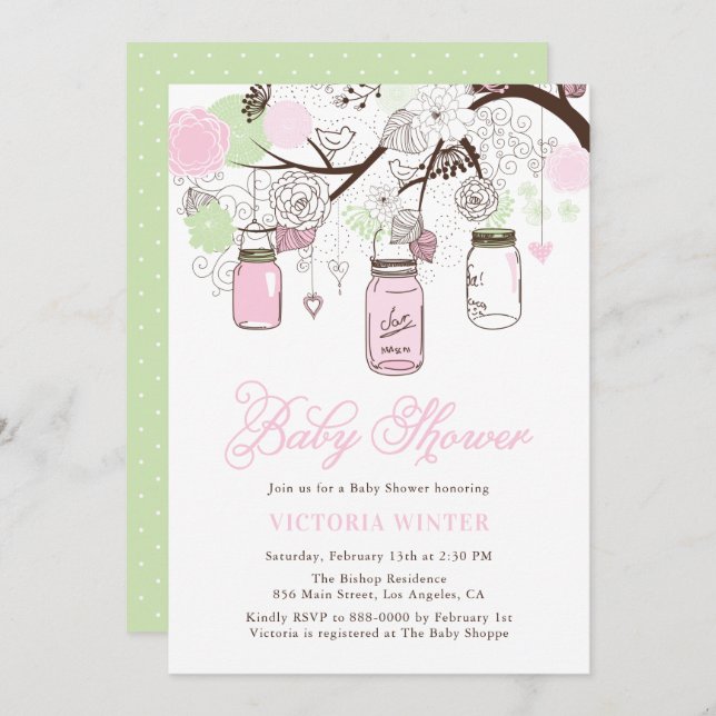 Pink und Mint Green Hängemason Jars Babydusche Einladung (Vorne/Hinten)