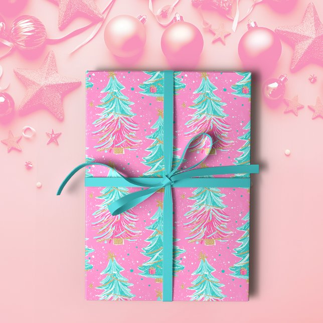 Pink und Mint Weihnachtsgeschenke Bäume Geschenkpapier (Von Creator hochgeladen)