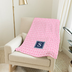 Pink und Navy Preppy Muster Monogram Fleecedecke