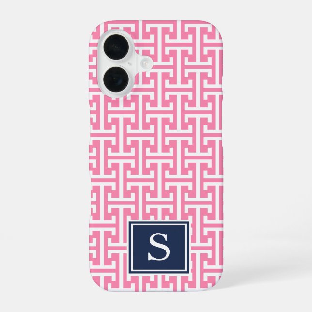 Pink und Navy Preppy Muster Monogram iPhone 16 Hülle (Rückseite)