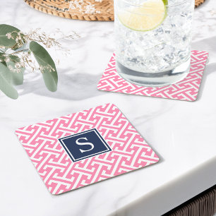 Pink und Navy Preppy Muster Monogram Rechteckiger Pappuntersetzer