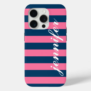 Pink und Navy Stripes, benutzerdefinierter Name fü iPhone 15 Pro Hülle