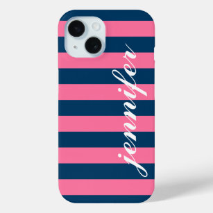 Pink und Navy Stripes, benutzerdefinierter Name fü iPhone 15 Hülle