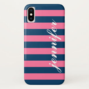 Pink und Navy Stripes, benutzerdefinierter Name fü iPhone XS Hülle