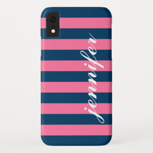 Pink und Navy Stripes, benutzerdefinierter Name fü iPhone XR Hülle