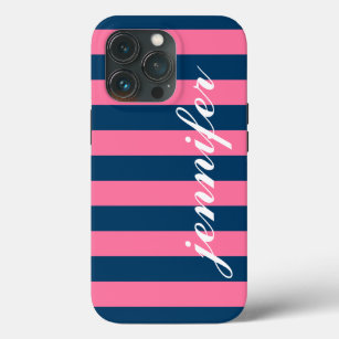 Pink und Navy Stripes, benutzerdefinierter Name fü iPhone 13 Pro Hülle