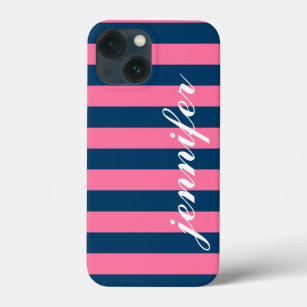 Pink und Navy Stripes, benutzerdefinierter Name fü iPhone 13 Mini Hülle