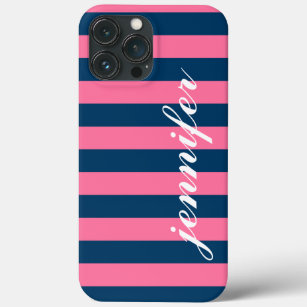 Pink und Navy Stripes, benutzerdefinierter Name fü iPhone 13 Pro Max Hülle