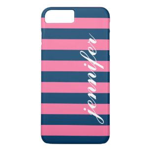 Pink und Navy Stripes, benutzerdefinierter Name fü iPhone 8 Plus/7 Plus Hülle