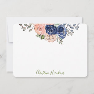 Pink und Navy Wasserfarbe Blumenblüte Personalisie Mitteilungskarte