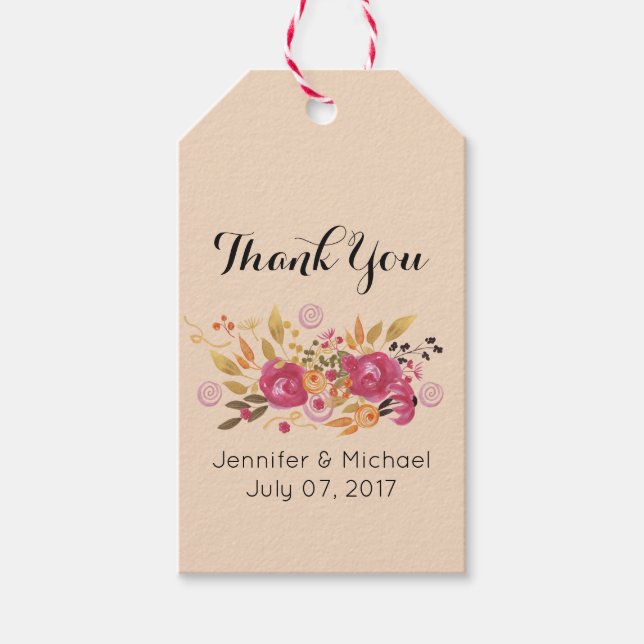 Pink und Orange Blume Bouquet auf Peach Vielen Dan Geschenkanhänger (Vorderseite)