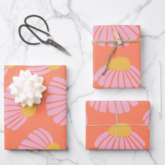 Pink und Orange Daisy Blume Muster Geschenkpapier Set (Vorderseite)