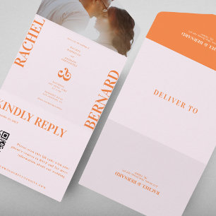 Pink und Orange Peach Typografy QR Code Wedding All In One Einladung