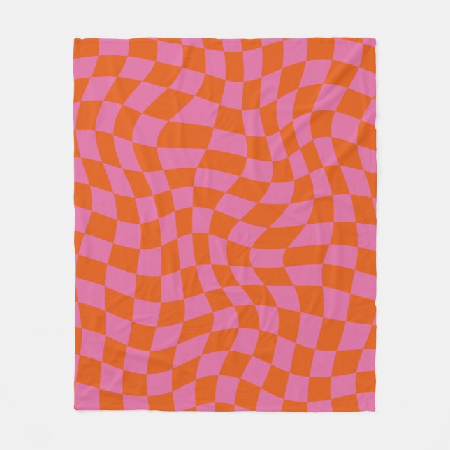 Pink und orange Psychedelisch karierte Groovy Grid Fleecedecke (Vorderseite)
