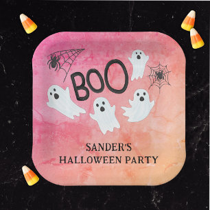 PINK UND ORANGE WATERCOLOR GHOST HALLOWEEN-PARTY PAPPTELLER