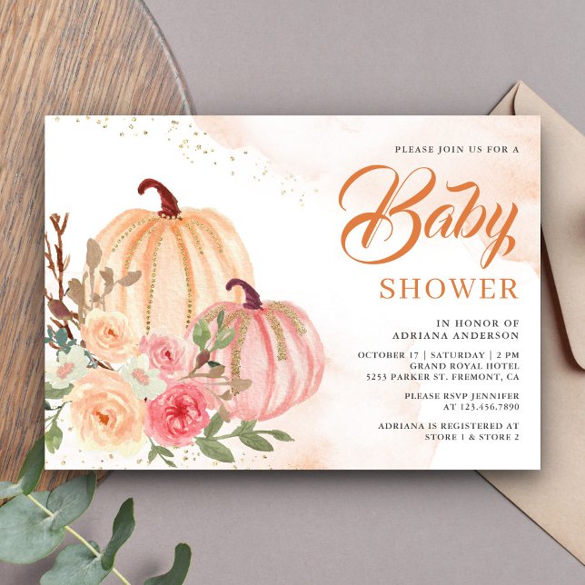 Pink und Peach Pumpkin Floral Fall Baby Dusche Einladung (Von Creator hochgeladen)