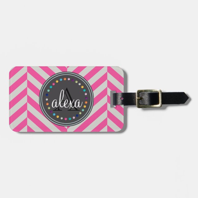 Pink und Polka Dots Monogram Gepäckmarke Gepäckanhänger (Vorderseite horizontal)