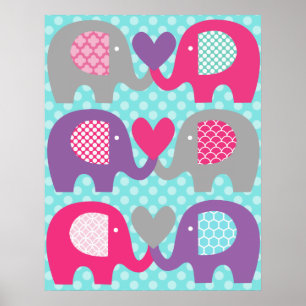 Pink und Purple Elefant Liebes-Kinderzimmerplakat Poster