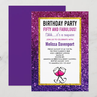 Pink- und Purpur-Glitter-Glanz zum 50. Geburtstag Einladung