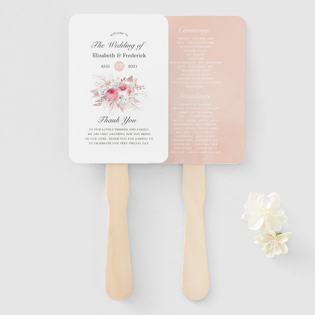 Pink und Rose Gold Floral and Lace Wedding Program Fächer (Vorne und Hinten)