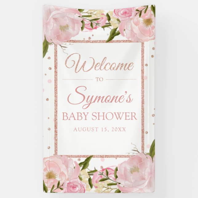 Pink und Rose Gold Peony Custom Baby Duschbanner Banner (Vertikal)
