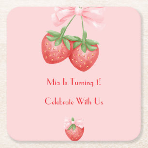 Pink und rote Erdbeeren Geburtstag  Rechteckiger Pappuntersetzer