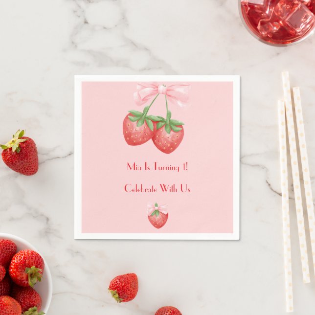 Pink und rote Erdbeeren Mädchen Geburtstag  Serviette (Beispiel)