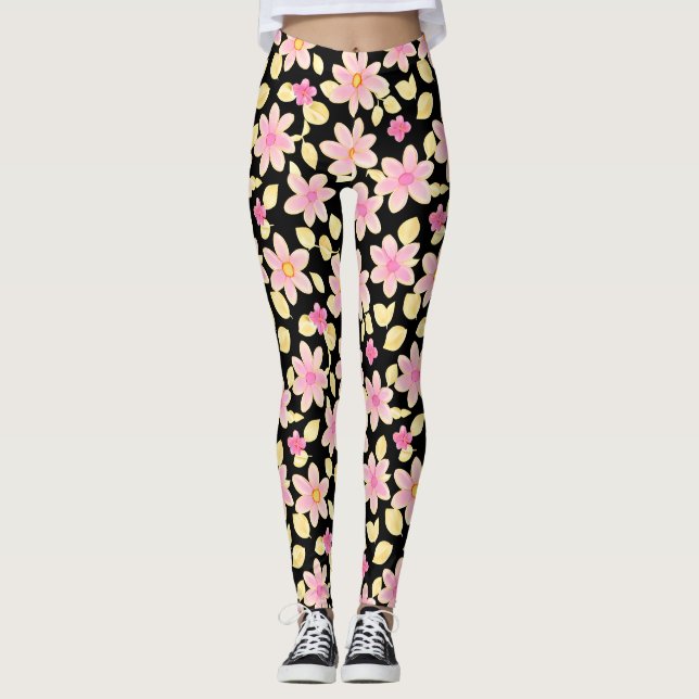 Pink und Schwarz-Blume-Muster Leggings (Vorderseite)