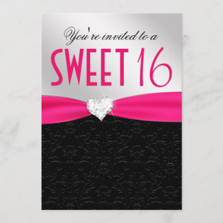 Pink-und Schwarz-Blumendamast-Diamant-Herz Einladung