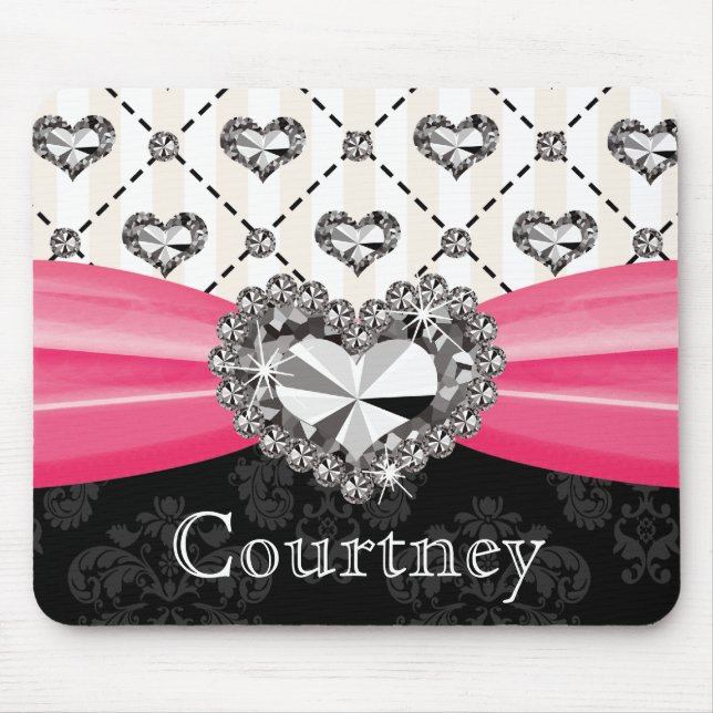 Pink-und Schwarz-Damast-Diamant-Mausunterlage Mousepad (Vorne)