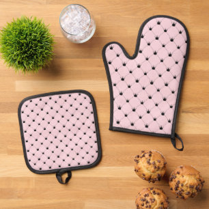 Pink und Schwarz-Kronen-Muster Ofenhandschuh & Topflappen-Set