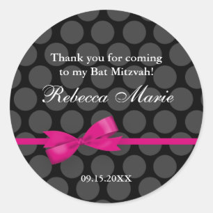 Pink und Schwarz Polka Dot Bow Bat Mitzvah Gefalle Runder Aufkleber