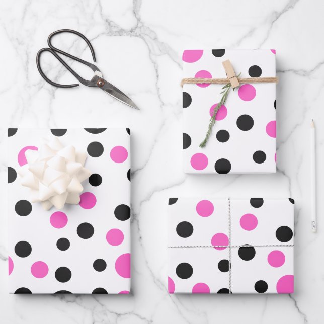 Pink und Schwarz-Polka-Dot Geschenkpapier Set (Vorderseite)
