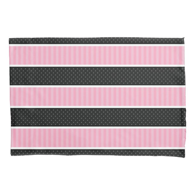 Pink und Schwarz Polka Dot Stripes Pattern Thread Kissenbezug (Vorderseite)