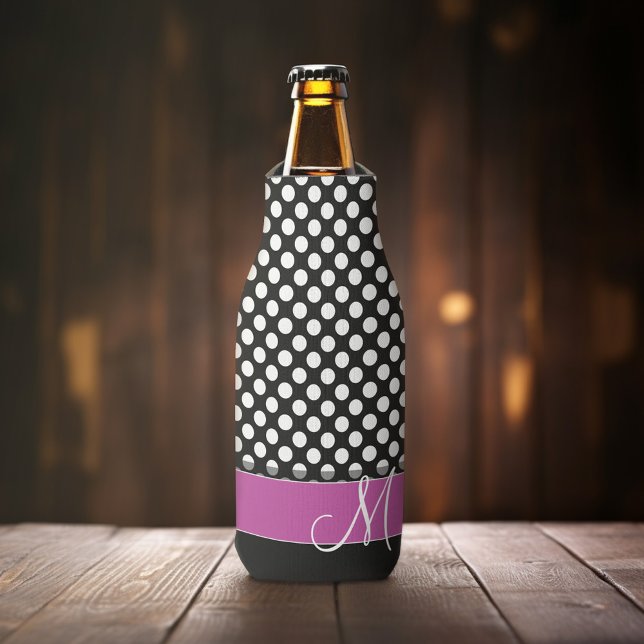 Pink und Schwarz-Polka-Punktmuster mit Monogramm Flaschenkühler (Personalized Bottle Cooler - Add Name or Custom Text)