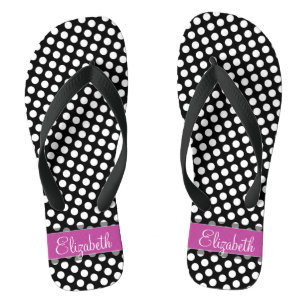 Pink und Schwarz-Polka-Punktmuster mit Monogramm Flip Flops