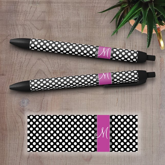 Pink und Schwarz-Polka-Punktmuster mit Monogramm Kugelschreiber (Custom Pen - Personalize this writing pen with you name, monogram or other text)