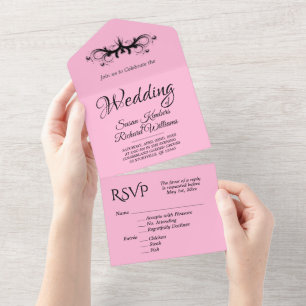 Pink und schwarze dreiteilige Klappkarte mit RSVP  All In One Einladung