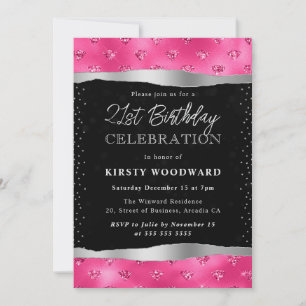 Pink- und schwarze Glitterdiamanten 21. Geburtstag Einladung