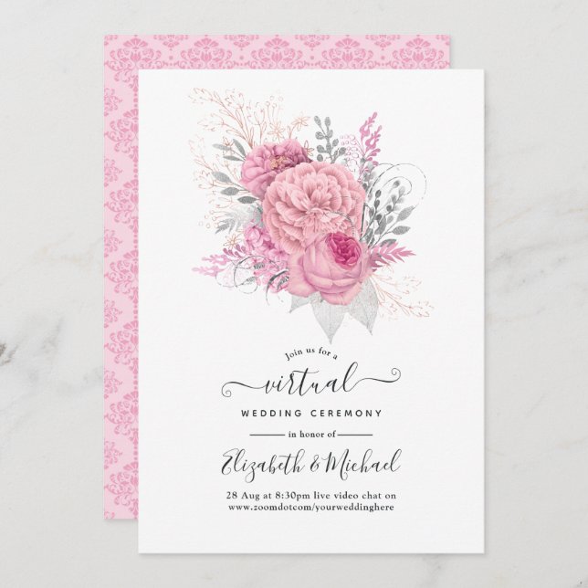 Pink und Silber Blumen und Spitzen Virtual Wedding Einladung (Vorne/Hinten)